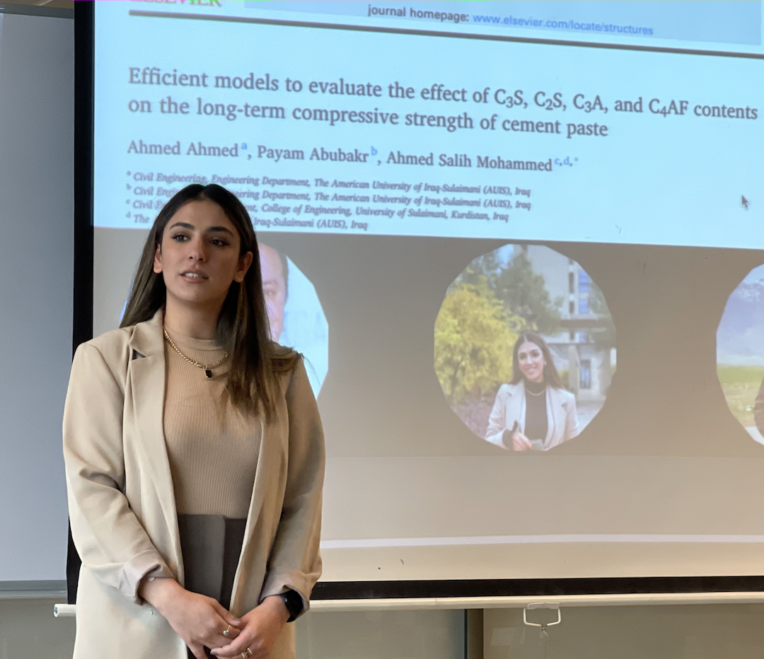 Senior Civil Engineering student Payam Jalil presents her co-researched topic on cement pastes.